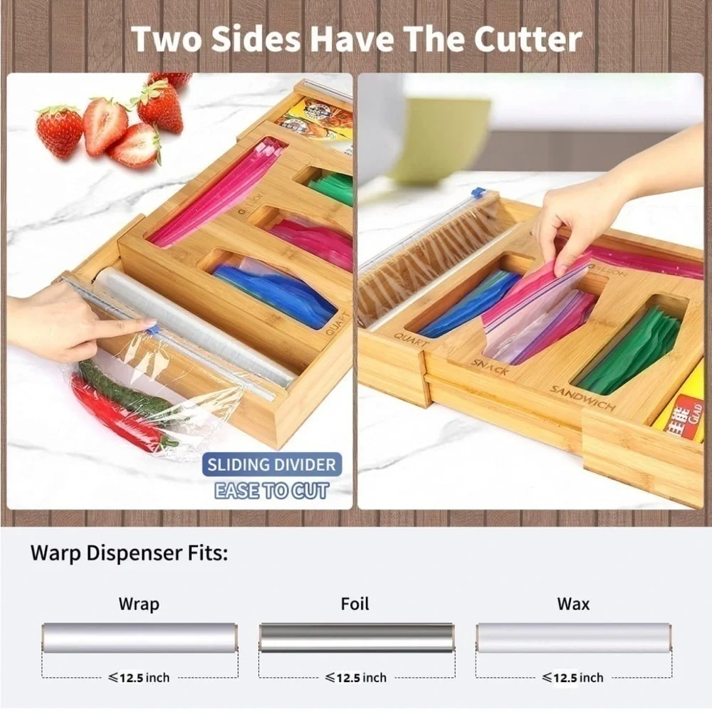 Brand New Ziploc Bag Storage Organizer Bamboo Expandable Wrap Dispenser & Cutter